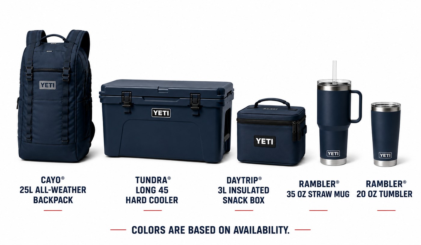 YETI cooler package: Cayo backpack, Tundra hard cooler, Daytrip snack box, and two Ramblers